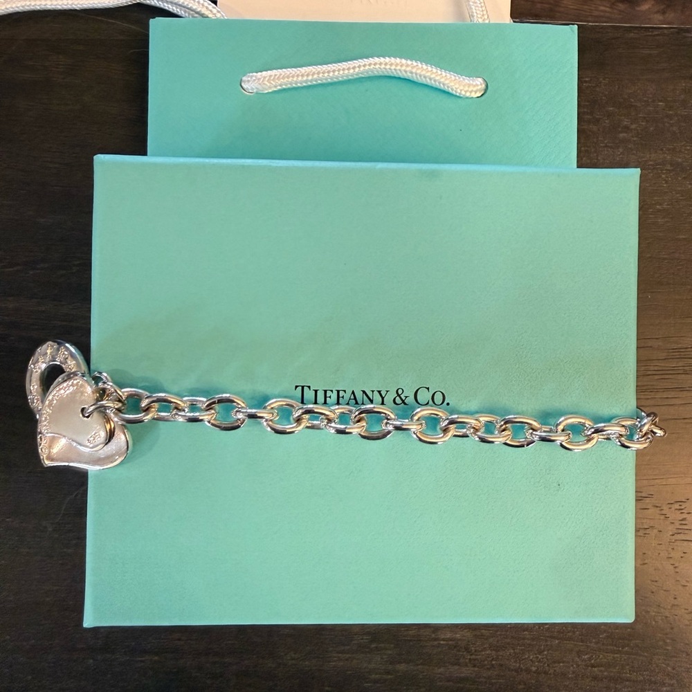 Tiffany & Co. Silver Heart Tag Chain Bracelet with Blue Box